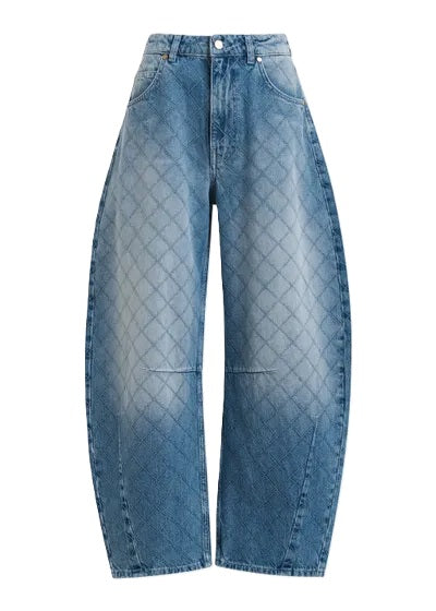 Jeans Essentiel Antwerp KATSU BARREL LEG JEANS in blau mit Rautenmuster in Barrelform. Die Jeans hat Taschen und ist weit geschnitten. 