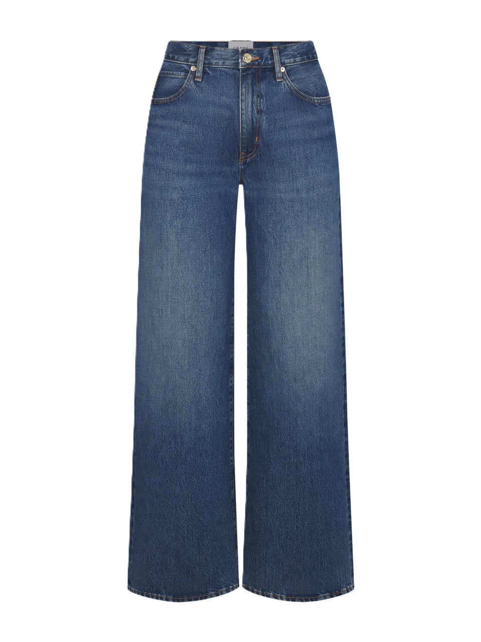 Jeans von Frame Stroll in blau mit langem geraden Bein und Gürtelschlaufen. Die Jeans hat Stretch und Taschen. 