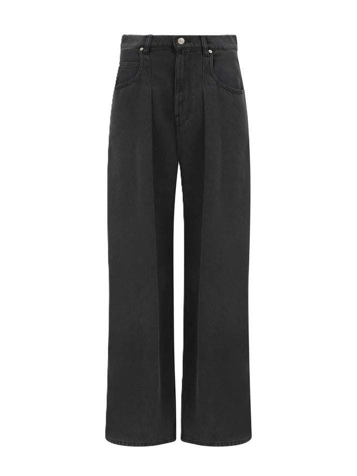 Jeans Isabel Marant Rodayna Pants. Weite Jeans in schwarz aus verwaschenem Denim mit Bundfalten. Die Jeans hat einen normalen Bund mit Gürtelschlaufen. Ebenfalls einen gravierten Metallknopf mit „Isabel Marant“ Logo und verdecktem Reißverschluss. Ein Lederetikett mit geprägtem „Isabel Marant“-Logo hinten.