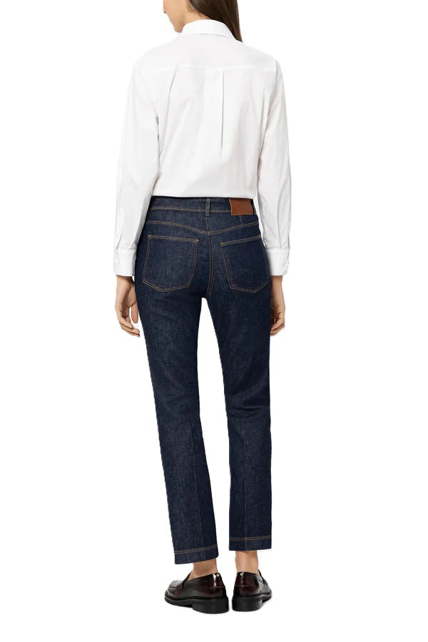 Hose von Luisa Cerano Authentic Kickflare Denim- Dunkelblau in gerader Form. Jeans mit Kontrastnähten und geradem Bein. 