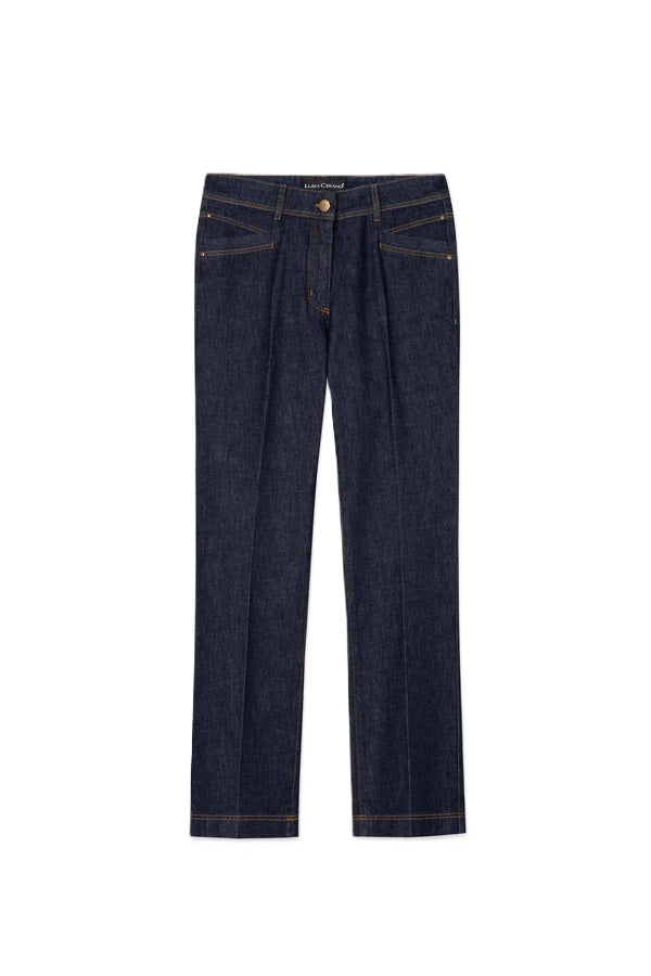 Hose von Luisa Cerano Authentic Kickflare Denim- Dunkelblau in gerader Form. Jeans mit Kontrastnähten und geradem Bein. 