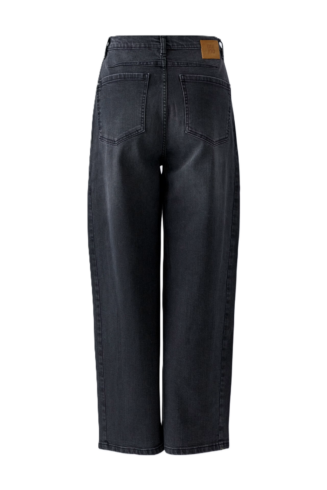 Jeans Oui in Dark Grey Denim. Elastischer Denim mit Mid Rise und lockerem Barrel Fit. Verkürzte Länge mit funkelnden Hotfix-Steinen auf der Vorderseite. 5-Pocket-Design mit Gürtelschlaufen sowie Knopf- und Reißverschluss.