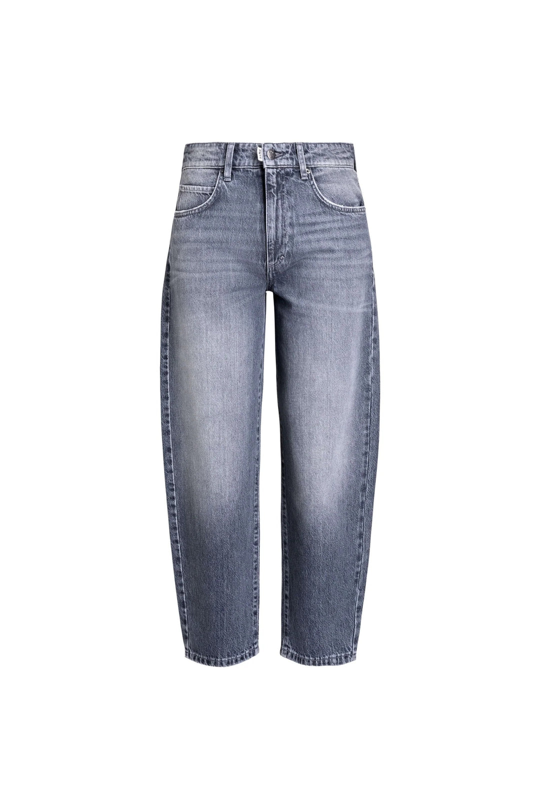 Dunkelgraue Jeans 05_THE O SHAPE von PNTS aus 100% Baumwolle mit Barrel Fit, hoher Leibhöhe und verkürztem Bein. Sie hat das 5-Pcket Design und hinten noch ein PNTS Patch aufgenäht.