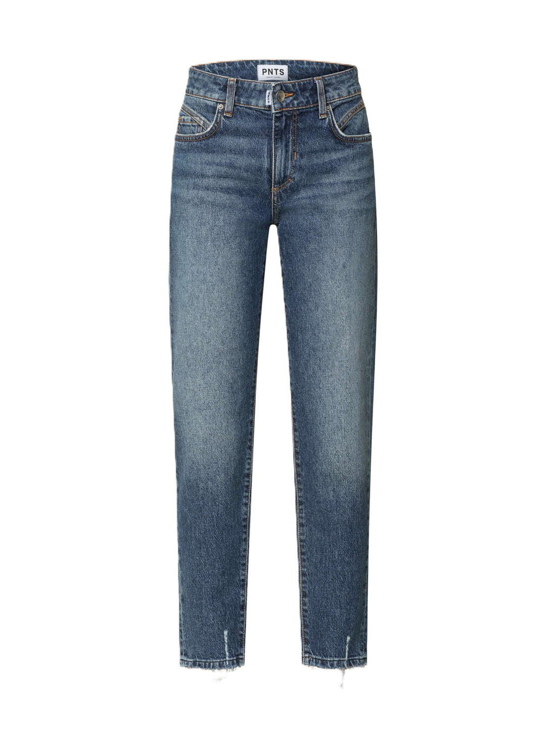 Jeans PNTS 02_THE SLIM. Jeans PNTS 02_THE SLIM. Coole Jeans in blau mit zerrisseen Stellen. Die Jeans hat ein langes und schmales Bein. Am Bund befinden sich Gürtelschlaufen. An den Beinenden sind leichte Fransen. Sie hat eine normale Leibhöhe und einen Reißverschluss.