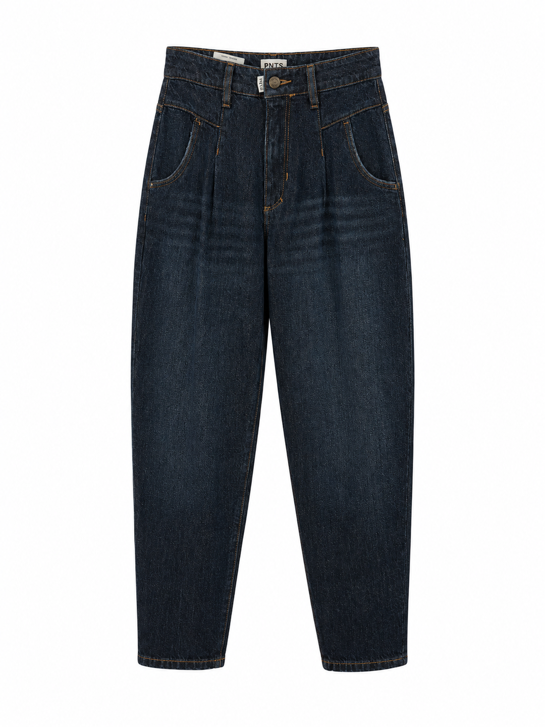 Jeans PNTS 05_THE O SHAPE. Jeans in dunkelblau mit O-Shape und verkürztem Bein. Die Jeans hat Bundfalten und Taschen aus einer griffigen Qualität. 