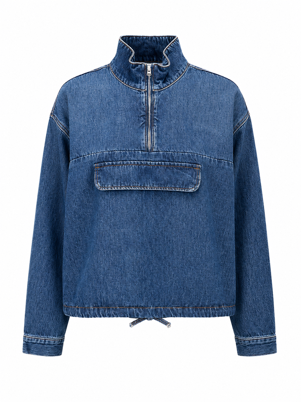 Jeanshemd PNTS 27_THE SUIT UP. Jeanshemd in dunkelblau mit aufgesetzten Taschen und Stehkragen mit Zip. Das Hemd hat einen Tunnelzug und lange Ärmel. Die Form ist oversized. 