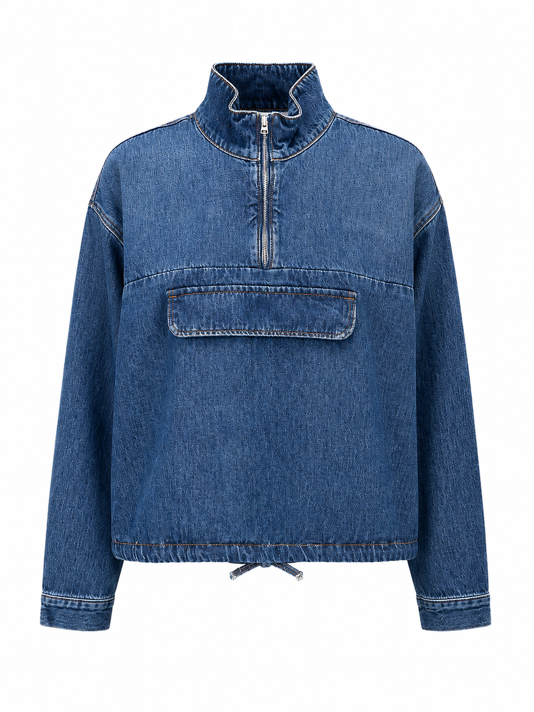 Jeanshemd PNTS 27_THE SUIT UP. Jeanshemd in dunkelblau mit aufgesetzten Taschen und Stehkragen mit Zip. Das Hemd hat einen Tunnelzug und lange Ärmel. Die Form ist oversized. 