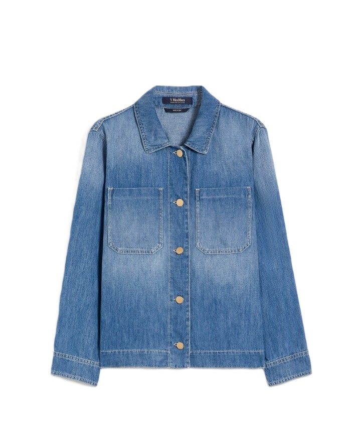 Jeansjacke S Max Mara SMMGALANTE in blau. Cooles Jeanshemd in blau mit Kragen und Nietenknöpfen. Die Jacke ist gerade und kastig geschnitten und ist der perfekte Begleiter für den Übergang, da sie aus einer Baumwolldenim-Leinenmischung ist. 
