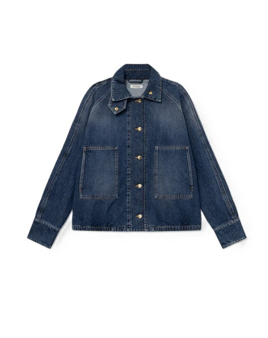 Jeansjacke SoSUE Oversized Denim Jacket Bomber in dunkelblau mit Kragen und Riegel. Goldoptikknöpfe und oversized Schnitt mit Gummizug und angesetzten Ärmeln. 