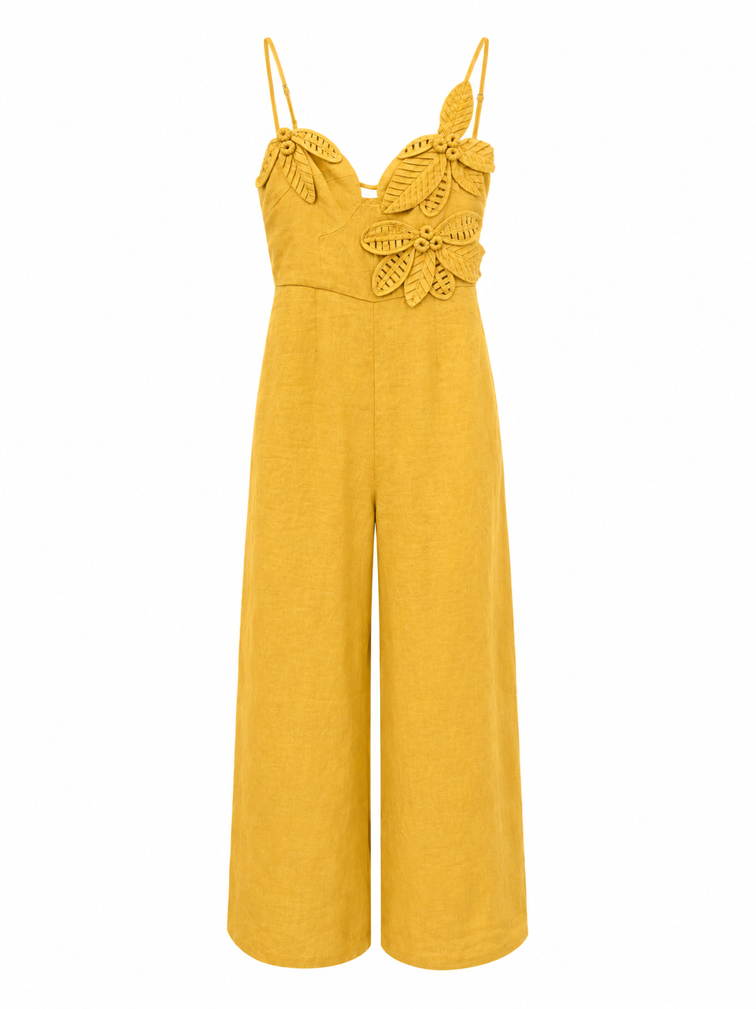 Farm Rio SAND FLOWERED JUMPSUIT in beige aus Leinen. Dieser Jumpsuit ist etwas ganz Besonderes. Auf der Brust wurden Blumenapplikationen plaziert. Der Jumpsuit hat verstellbare Spaghettiträger und hat eine weite lange gerade Hose. Auf der Rückseite befindet sich ein Reißverschluss mit Haken.