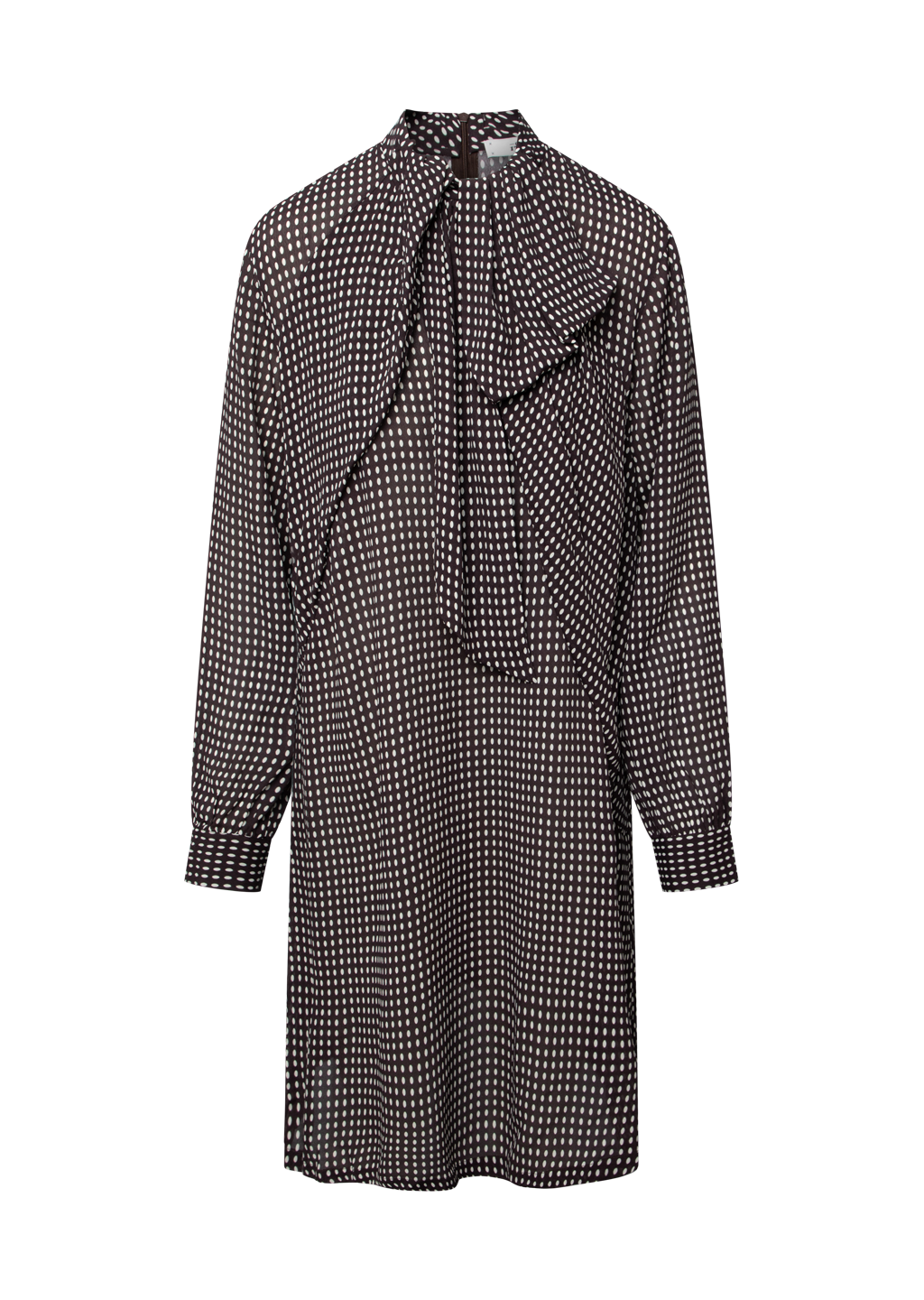 Kleid 0039 Italy Dorothea Dress. Schönes feminines Kleid mit braun/weißen Punkten und geradem Schnitt. Das Kleid ist bis ans Knie geschnitten. Es hat lange Ärmel mit Manschetten und Knopf. Eine angenähte Schluppe am Kragen ist ein besonderes Highlight. Auf der Rückseite befindet sich ein Reißverschluss. 