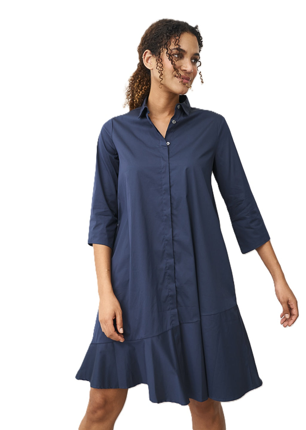 Kleid 0039 Italy Grazia in navy. Hübsches und sportliches Sommerkleid mit Kragen und kompletter Knopfleiste. Das Kleid ist leicht ausgestellt und hat seitliche Einschubtaschen. Es hat eine glatte Haptik.