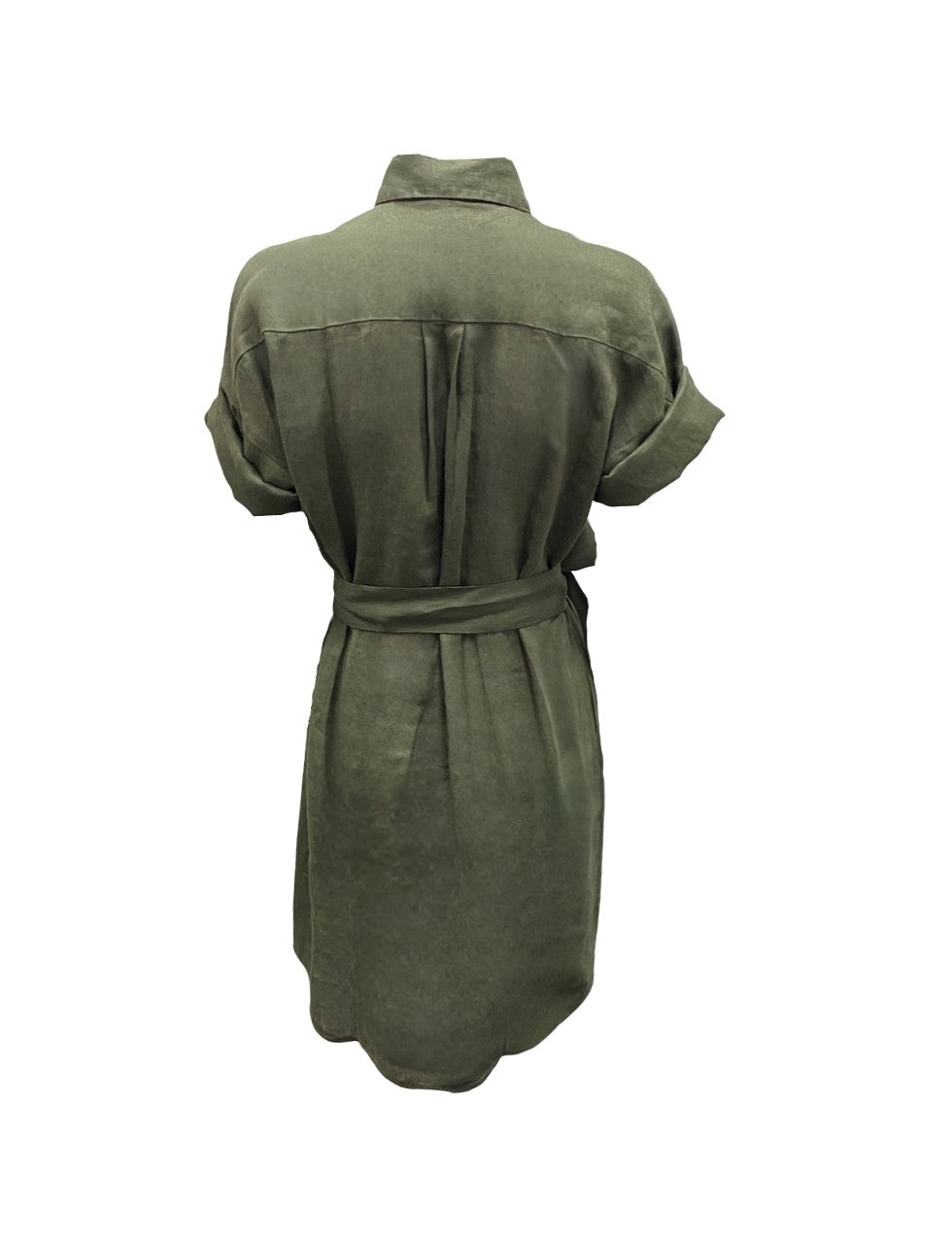 Kleid von 0039 ITALY Derby aus Leinen mit Hemdkragen. Das Kleid hat einen Bindeband, einen Kragen und ist kakigrün. 
