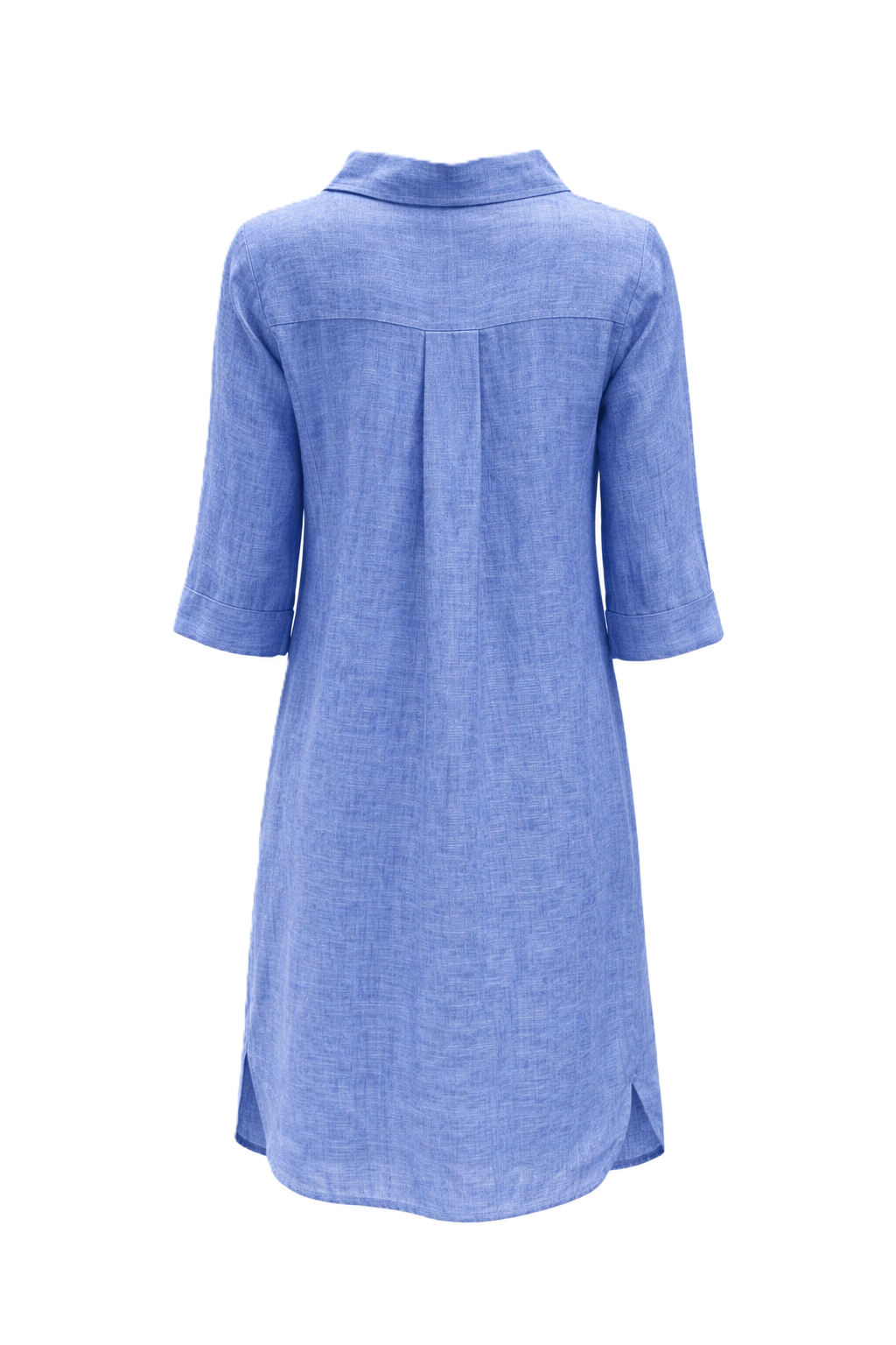 Kleid 0039 Italy Derry Dress in blau. Lässiges Sommerkleid aus 100% Leinen. Das Kleid hat einen V-Ausschnitt und Kragen. Es ist bis übers Knie geschnitten und seitlich leicht abgerundet. Das Kleid hat einen 3/4Ärmel. Das Kleid hat eine gerade Form mit Taschen.