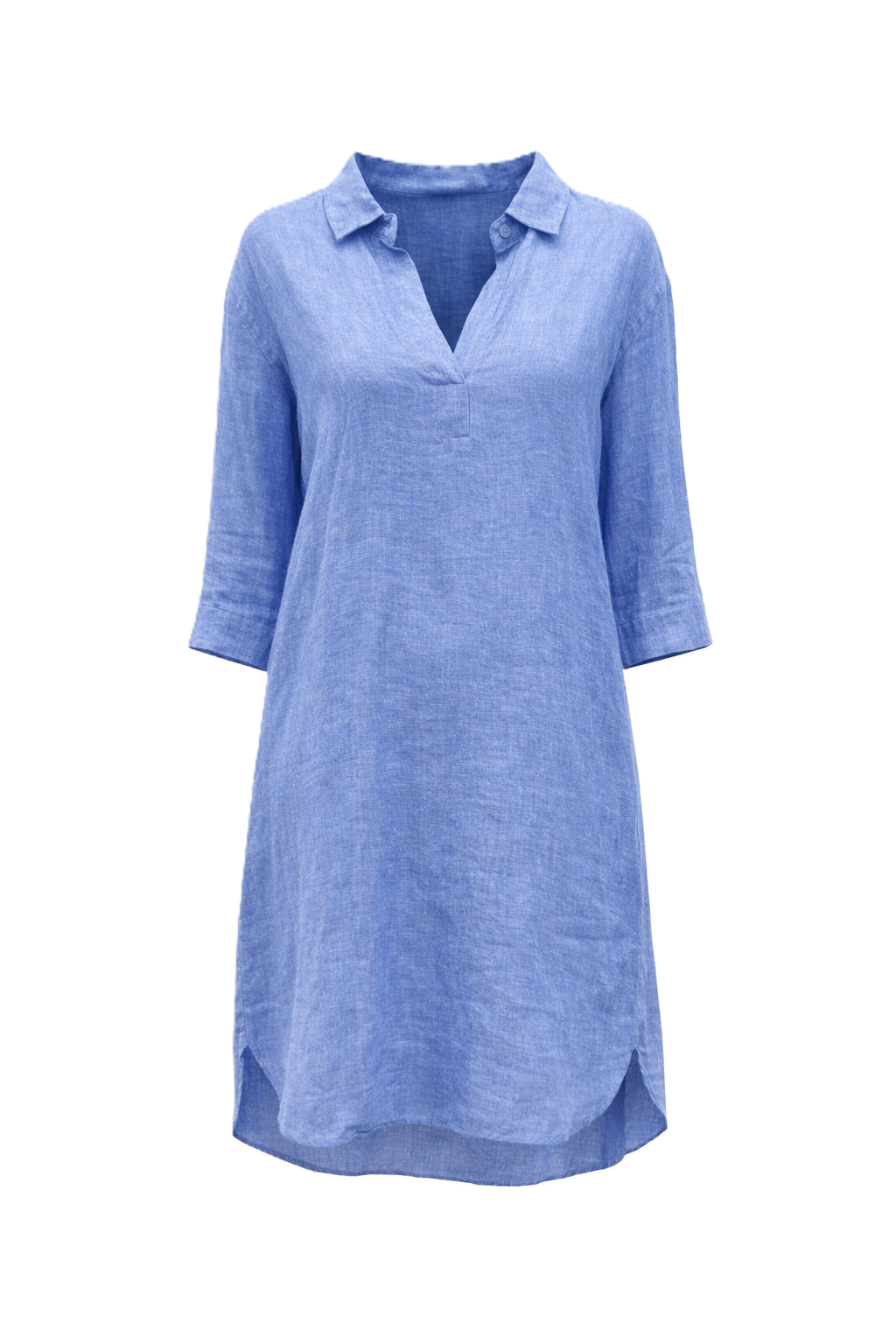 Kleid 0039 Italy Derry Dress in blau. Lässiges Sommerkleid aus 100% Leinen. Das Kleid hat einen V-Ausschnitt und Kragen. Es ist bis übers Knie geschnitten und seitlich leicht abgerundet. Das Kleid hat einen 3/4Ärmel. Das Kleid hat eine gerade Form mit Taschen.