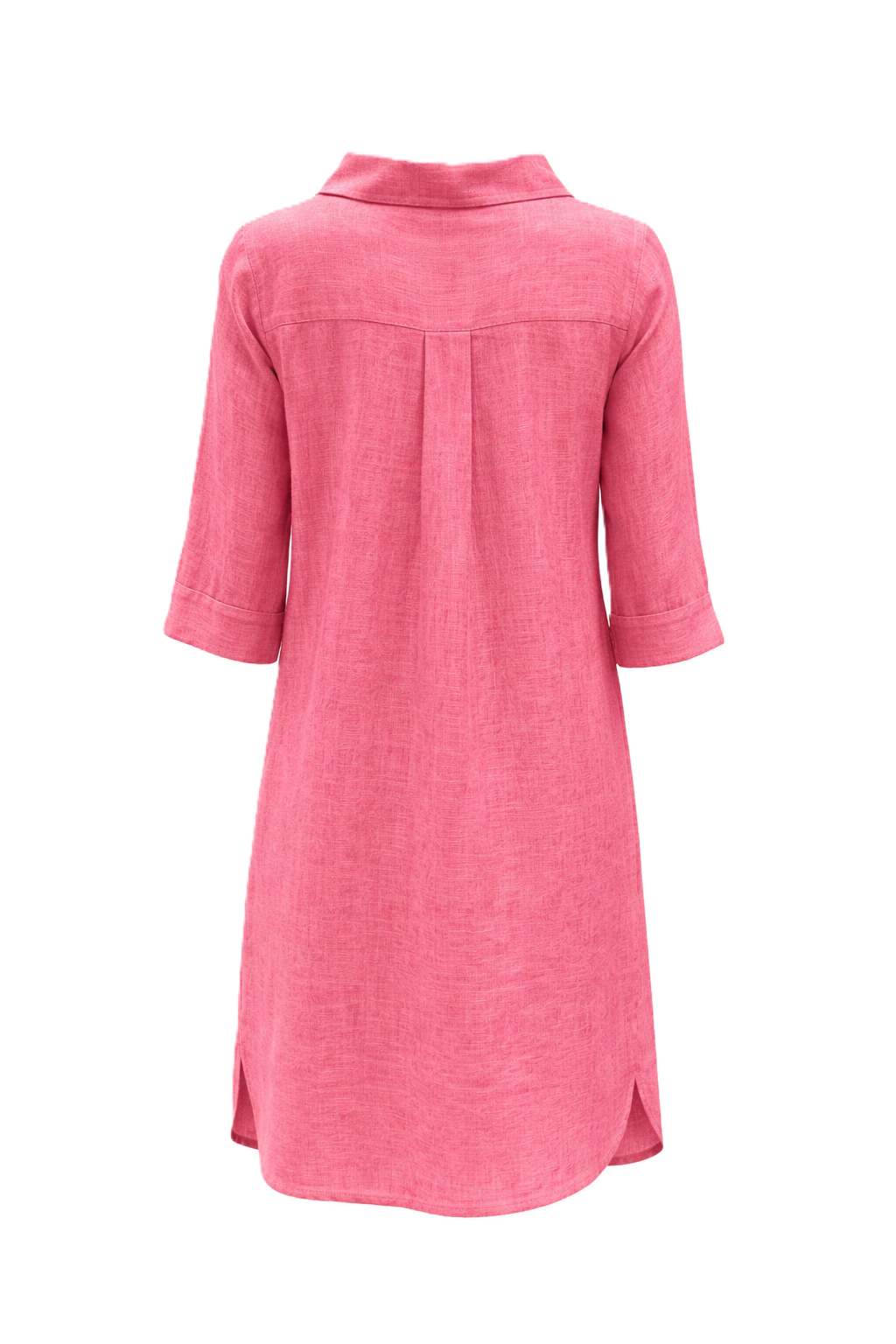 Kleid 0039 Italy Derry Dress in rosa. Lässiges Sommerkleid aus 100% Leinen. Das Kleid hat einen V-Ausschnitt und Kragen. Es ist bis übers Knie geschnitten und seitlich leicht abgerundet. Das Kleid hat einen 3/4Ärmel. Das Kleid hat eine gerade Form mit Taschen.