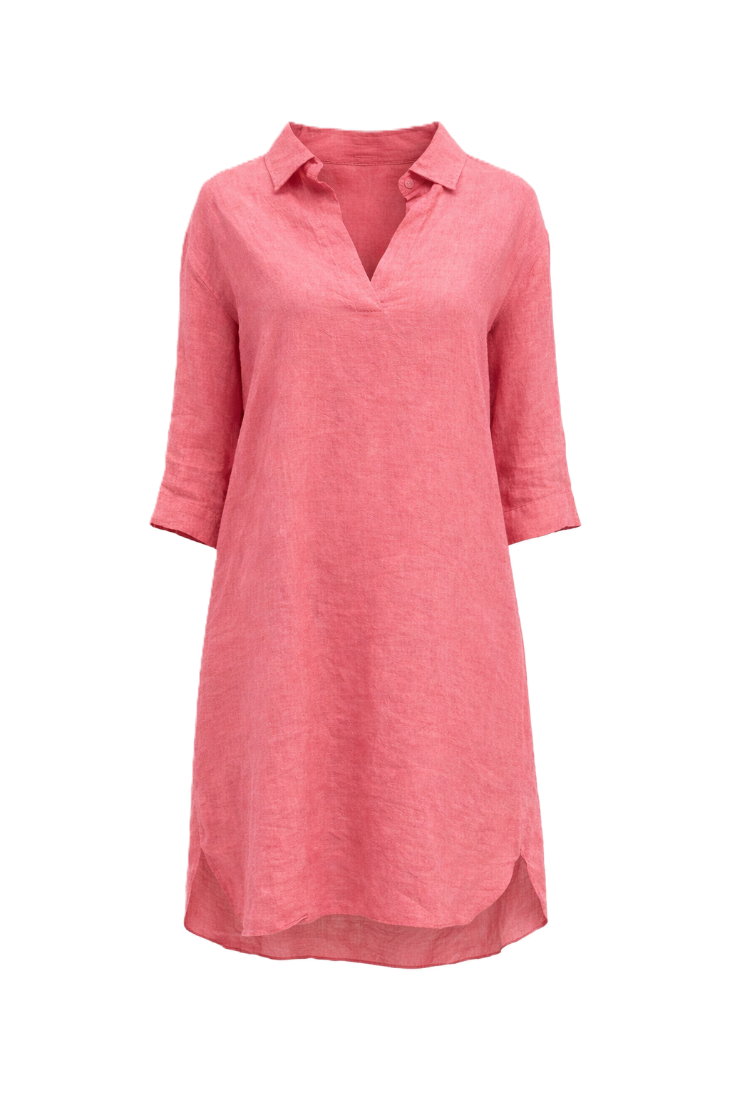 Kleid 0039 Italy Derry Dress in rosa. Lässiges Sommerkleid aus 100% Leinen. Das Kleid hat einen V-Ausschnitt und Kragen. Es ist bis übers Knie geschnitten und seitlich leicht abgerundet. Das Kleid hat einen 3/4Ärmel. Das Kleid hat eine gerade Form mit Taschen.
