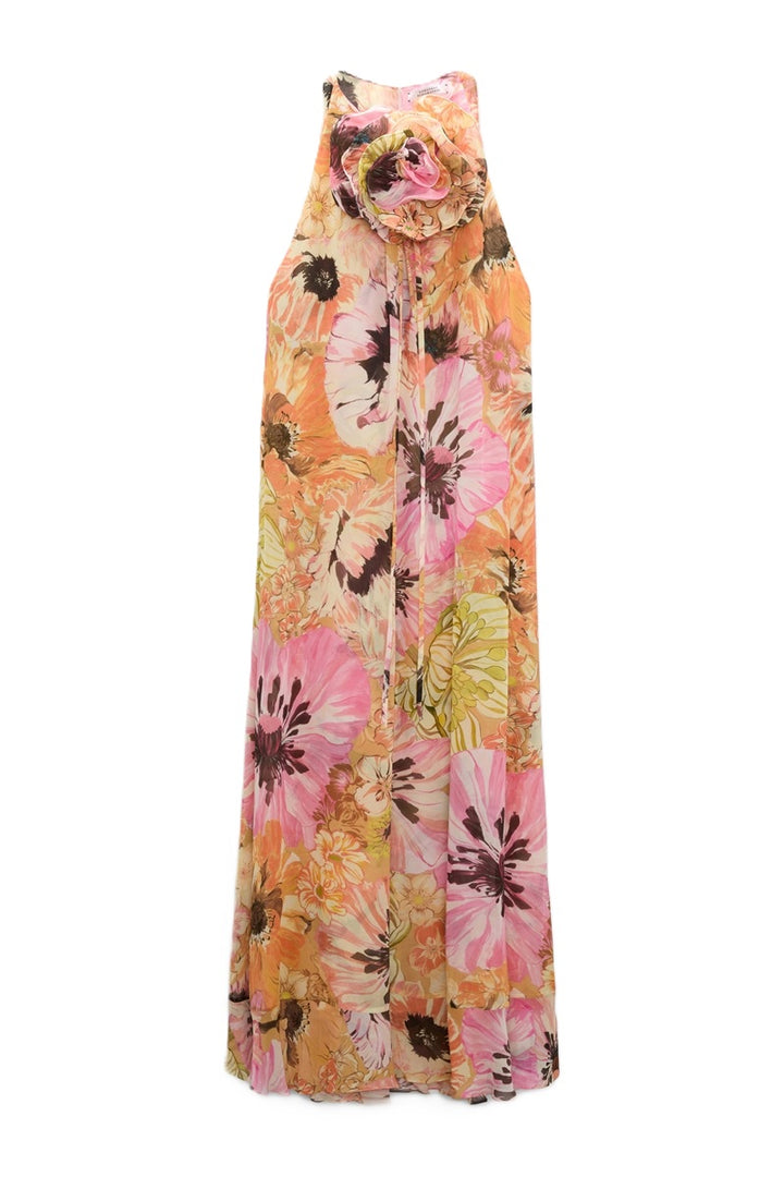Kleid Dorothee Schumacher FLORAL DREAM in boho flower print. Das Midikleid mit Signature Print ist aus Viskose-Georgette gefertigt kommt mit einer formbaren XL-Brosche. Das Kleid hat ausgeschnittene Schultern und fällt in einer weichen A-Linien-Form. Die Brosche ist abnehmbar. Der Saum fällt volantsartig. Das Kleid ist lang und fließend geschnitten. 