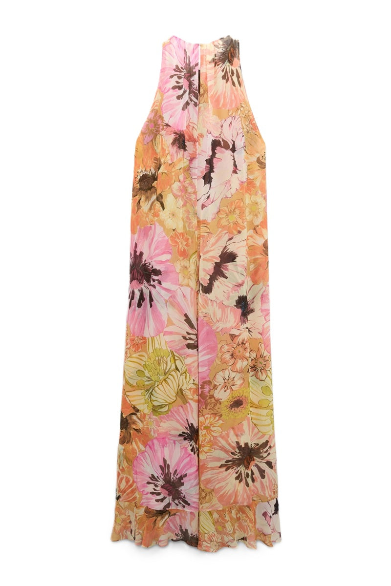 Kleid Dorothee Schumacher FLORAL DREAM in boho flower print. Das Midikleid mit Signature Print ist aus Viskose-Georgette gefertigt kommt mit einer formbaren XL-Brosche. Das Kleid hat ausgeschnittene Schultern und fällt in einer weichen A-Linien-Form. Die Brosche ist abnehmbar. Der Saum fällt volantsartig. Das Kleid ist lang und fließend geschnitten. 