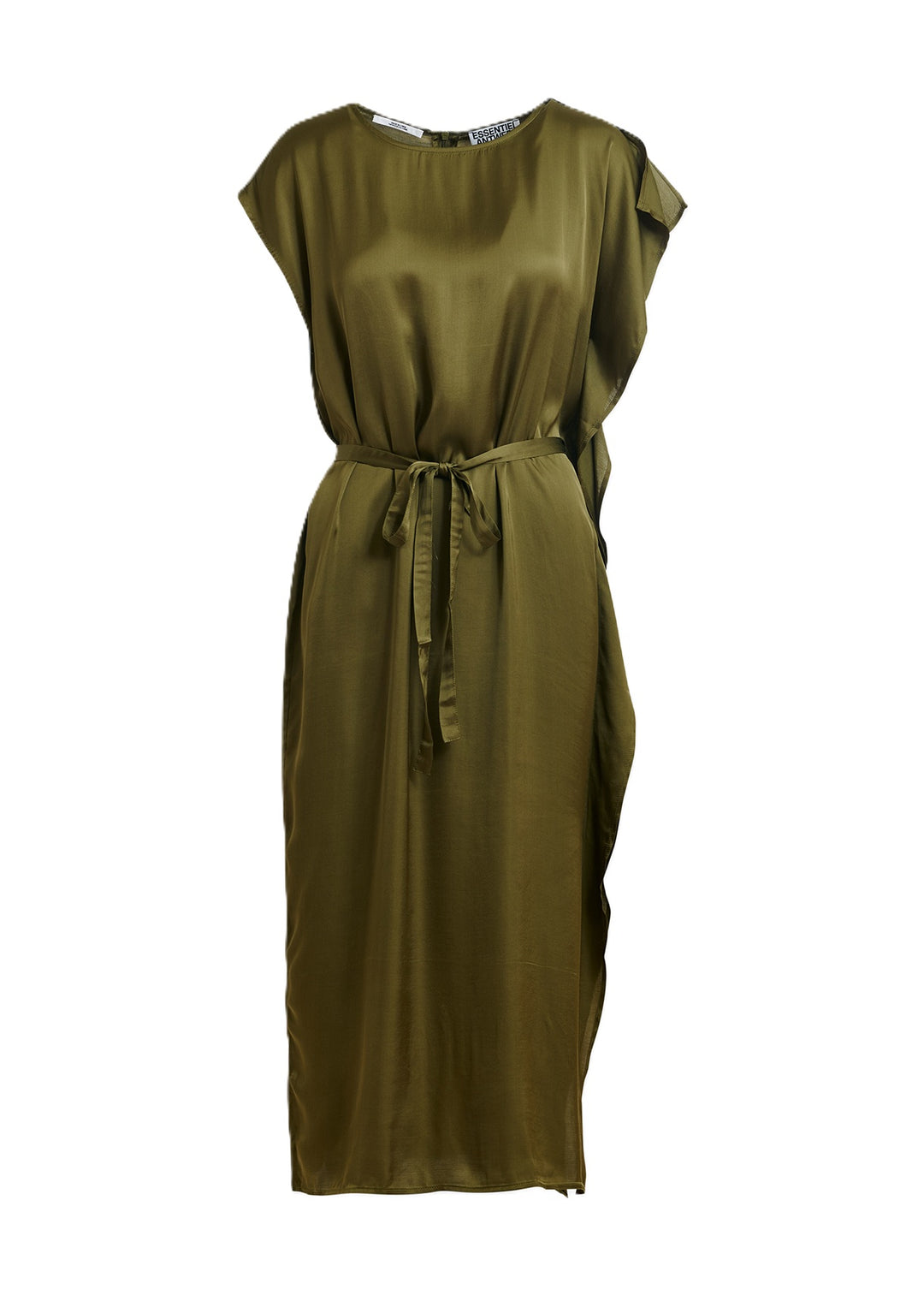 Kleid Essentiel Antwerp JALIYAH ASYMMETRIC DRESS in kaki. Das ist ein lässiges aber schickes Midikleid. Es ist locker geschnitten und verfügt über einen schmeichelhaften geraden Schnitt, tief angesetzte Schultern und eine asymmetrische Rüsche auf der linken Seite für einen Hauch femininen Flair. Der Gürtel aus dem gleichen Stoff betont die Taille, während ein verdeckter Reißverschluss und ein Seitenschlitz für Komfort und Bequemlichkeit sorgen. 