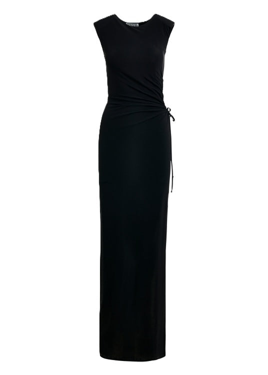 Kleid von Essentiel Antwerp JOYE SHOULDERED JERSEY DRESS. Das Kleid ist schwarz und hat einen Cutout zum verstellen. Es ist lang mit Schlitz.
