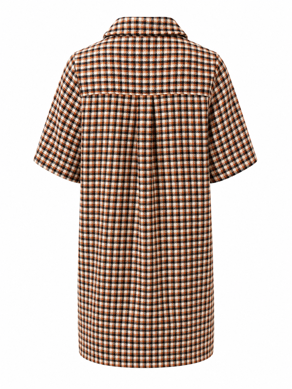 Ein kariertes Minikleid von der Marke  ESSENTIEL Antwerp. Es hat kurze Ärmel und Goldene Knopfverzierungen. Außerdem hat es zwei aufgesetzte Taschen auf Hüfthöhe und einen Polokragen. Es ist in braun beige und schwarztönen kariert und hat einen geraden Schnitt.
