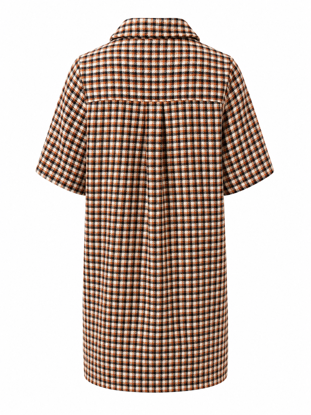 Ein kariertes Minikleid von der Marke  ESSENTIEL Antwerp. Es hat kurze Ärmel und Goldene Knopfverzierungen. Außerdem hat es zwei aufgesetzte Taschen auf Hüfthöhe und einen Polokragen. Es ist in braun beige und schwarztönen kariert und hat einen geraden Schnitt.