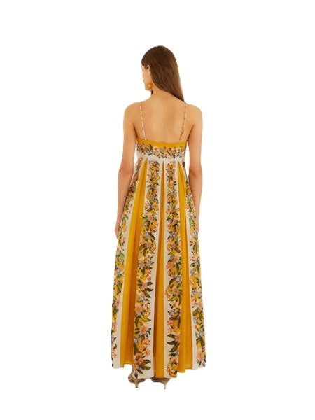 Kleid von Farm Rio HILO STRIPES maxi dress in lang. Sommerkleid mit Spagettitraegern und blumenprint in gelb.