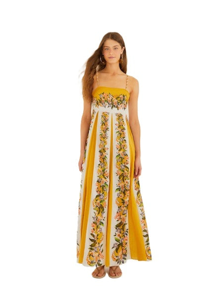 Kleid von Farm Rio HILO STRIPES maxi dress in lang. Sommerkleid mit Spagettitraegern und blumenprint in gelb.