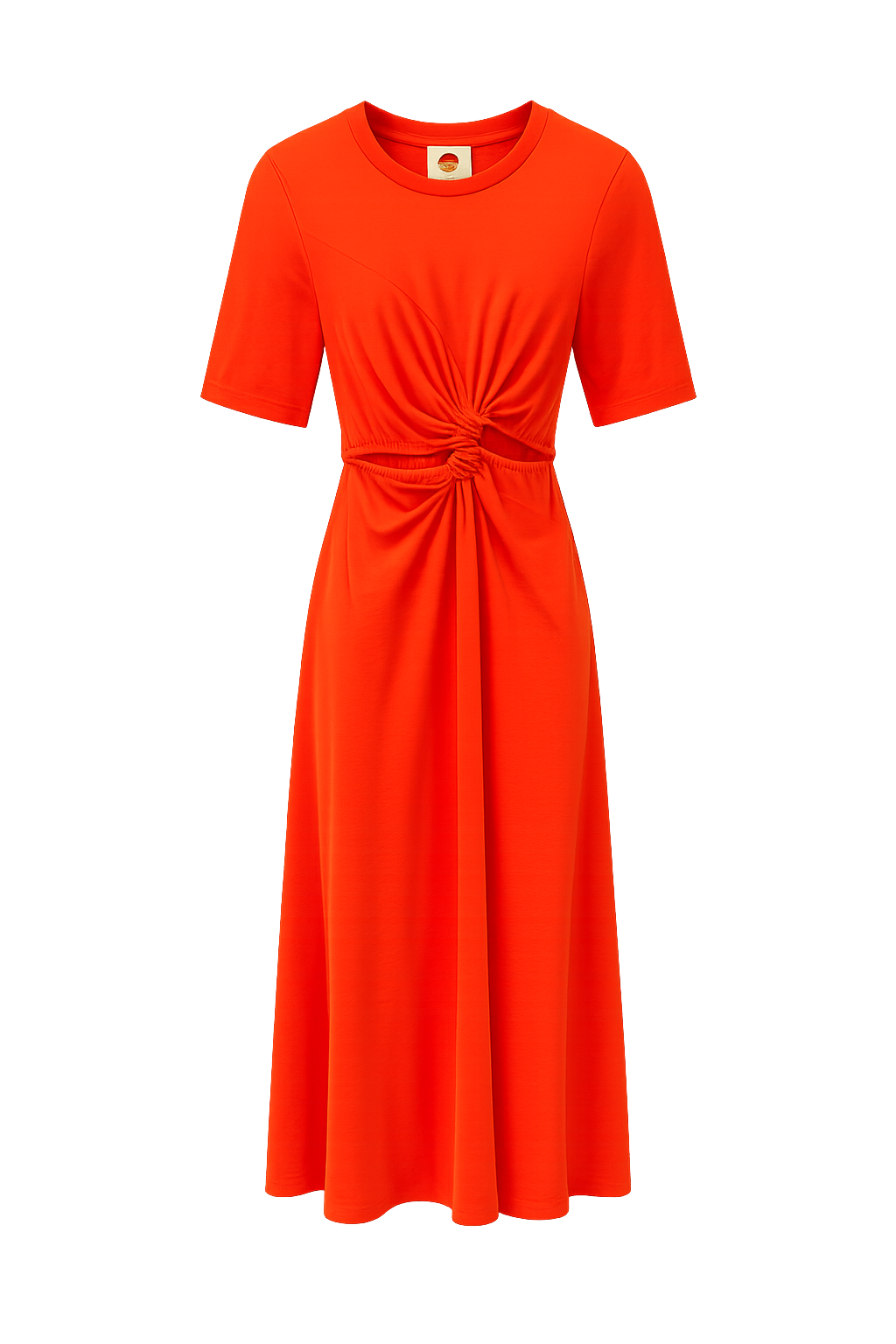 Farm Rio ARTSY FLORA Dress in rot. Mittelanges und leicht ausgestelltes Kleid in T-Shirt Ware. Das Kleid hat einen Rundhalsausschnitt und halblange Ärmel. An der Taille hat es zwei Cut-Outs. Dadurch scheint etwas Haut durch und macht das Kleid zu einem Highlight. 