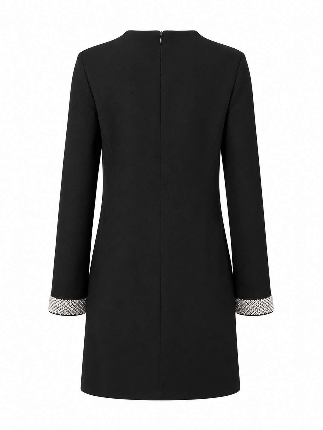 Ein schwarzes Midi Kleid mit Perlenmanschetten. Es hat einen Rundhalsausschnitt und einen Reißverschluss am Rücken.