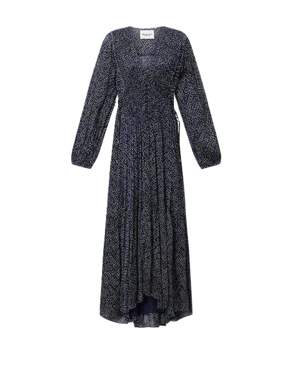 Kleid Isabel Marant BRIANE in blau weiß. Dieses Kleid aus bedrucktem Musselin verbindet romantische Leichtigkeit mit raffinierten Details. Ein eleganter V-Ausschnitt mit schmaler Knopfleiste, lange Puffärmel und ein transparenter Einsatz mit Smokdetails setzen feminine Akzente. Die Taille lässt sich über seitliche Bindebänder individuell anpassen.