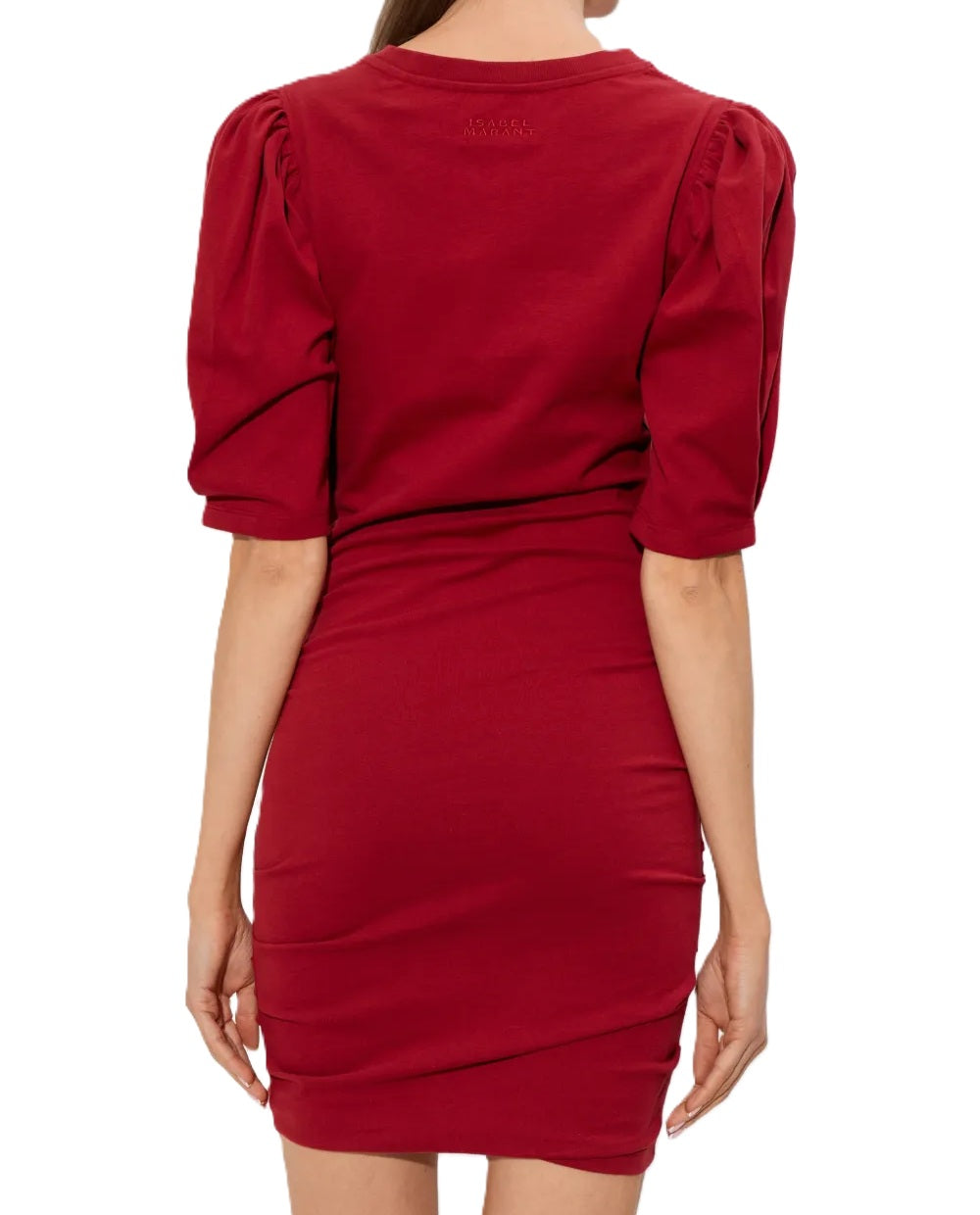 Kleid Isabel Marant MYLDA in cherry rot. Dieses wunderschöne Kleid aus organischem Baumwolljersey verbindet eine klare, moderne Linie mit raffinierten Details. Ein runder Halsausschnitt, voluminöse, geraffte 3/4-Ärmel und eine elegante Drapierung.