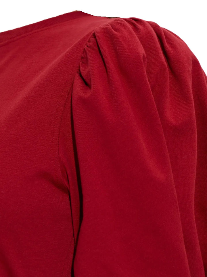 Kleid Isabel Marant MYLDA in cherry rot. Dieses wunderschöne Kleid aus organischem Baumwolljersey verbindet eine klare, moderne Linie mit raffinierten Details. Ein runder Halsausschnitt, voluminöse, geraffte 3/4-Ärmel und eine elegante Drapierung.