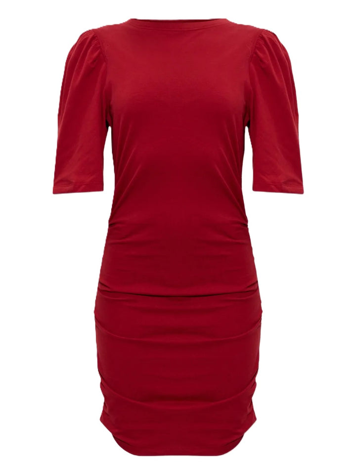 Kleid Isabel Marant MYLDA in cherry rot. Dieses wunderschöne Kleid aus organischem Baumwolljersey verbindet eine klare, moderne Linie mit raffinierten Details. Ein runder Halsausschnitt, voluminöse, geraffte 3/4-Ärmel und eine elegante Drapierung.
