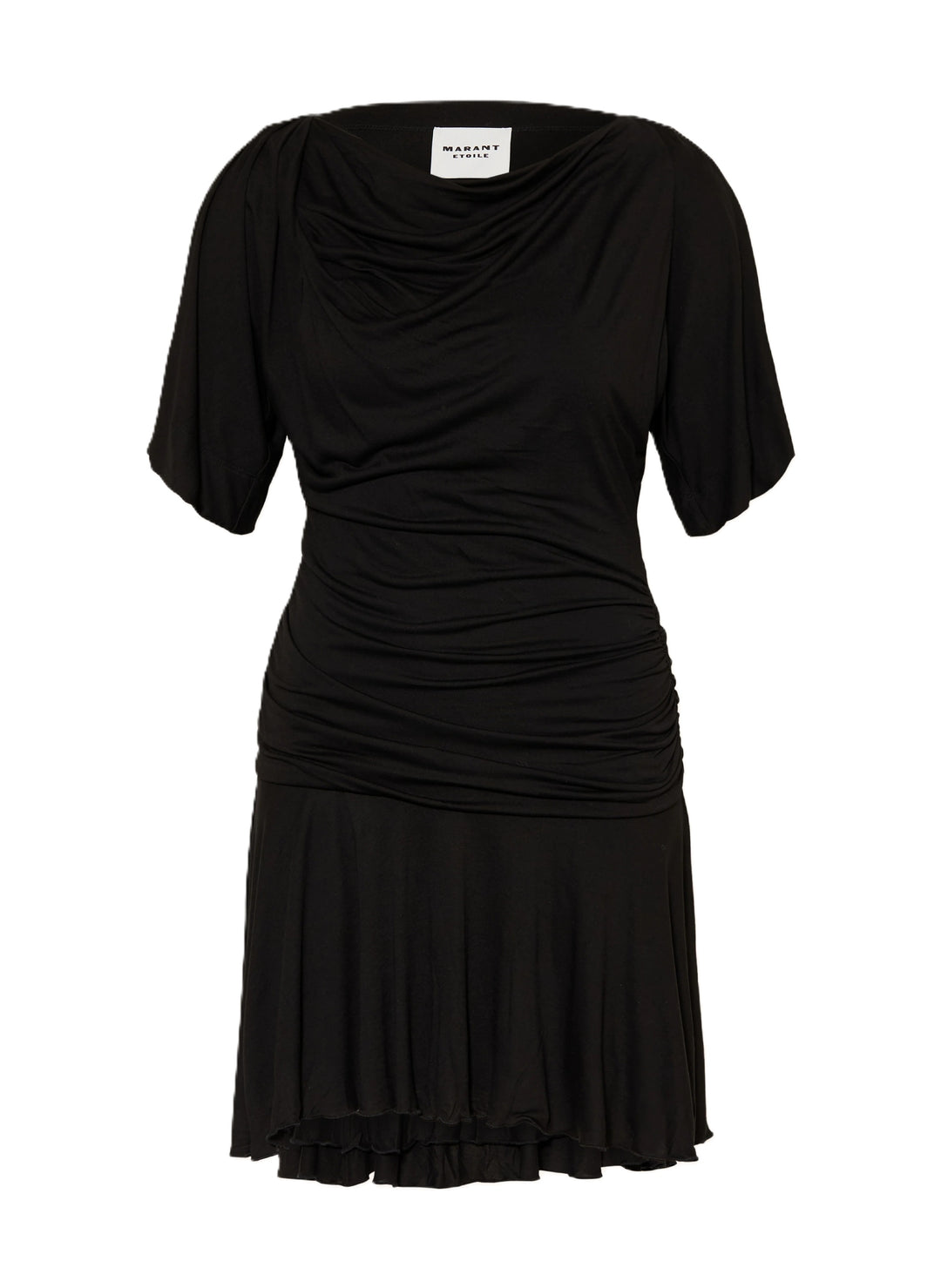 Kleid Isabel Marant Raima Dress in black. Das Kleid hat kurze Ärmel und einen taillierten Schnitt. Es hat überschnittene Schultern und einen Rundhalsausschnitt. Man kann es einfach ohne Verschluss über den Kopf ziehen. Das Kleid hat an der Taille schöne feminine Raffungen und ist bis übers Knie geschnitten.