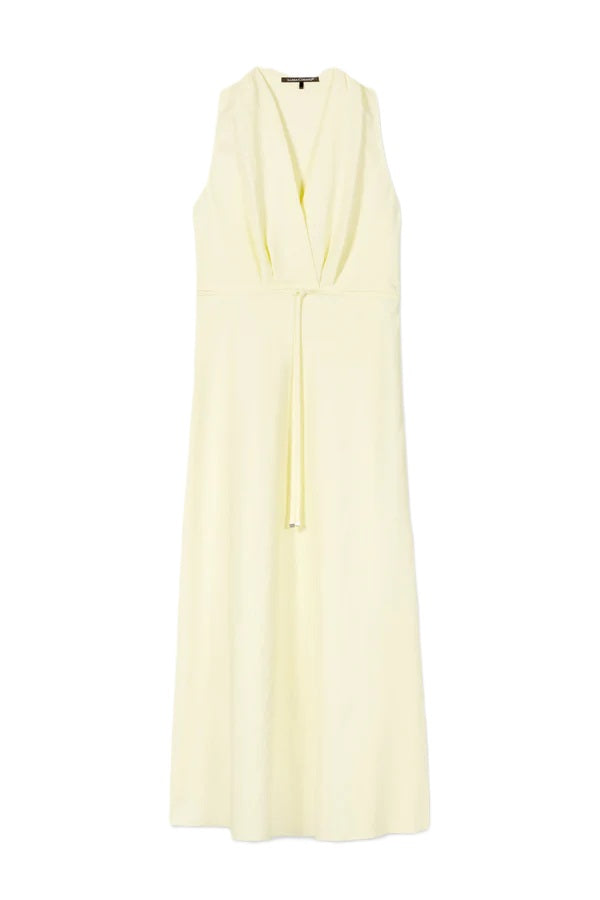 Kleid von Luisa Cerano in gelb aus Leinen. Das Kleid hat keine Aermel und einen Bindeguertel. Der Rock ist leicht ausgestellt und es hat einen Reissverschluss. 