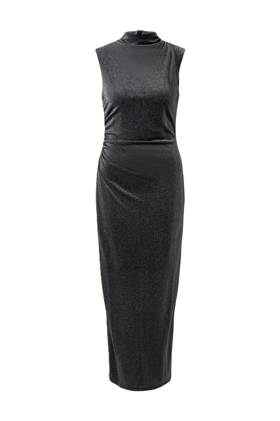 Kleid Oui in Silber-Schwarz. Jersey mit Glanzgarn und funkelnder Optik. Figurbetonter Maxi-Schnitt mit Raffungen an Hüfte und Schulter. Kurzer Stehkragen und ärmelloses Design. Mit Jerseyfutter.