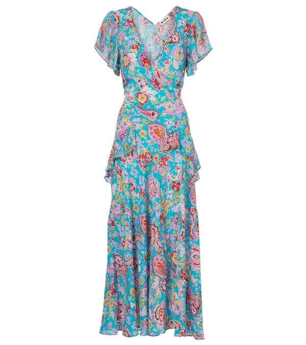 Kleid Rixo Evie Dress in  Cara Floral Turquois. Ganz besonderes Kleid mit wunderschönem Blumenmuster. Das Kleid ist aus Seide und fällt wunderschön auf der Haut. Es hat einen V-Ausschnitt und kleine Flügelärmel. An der Taille ist es schmal geschnitten. Das Kleid hat einen Gürtel, den man hinten oder vorne binden kann.