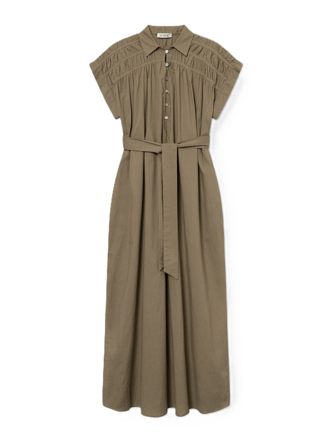 Kleid von So Sue Maui dress in oliv. Langes Kleid mit Gürtel und Fältelungen an der Schulter. Knopfleiste und leichte sommerliche Ware. Fällt groß aus. 