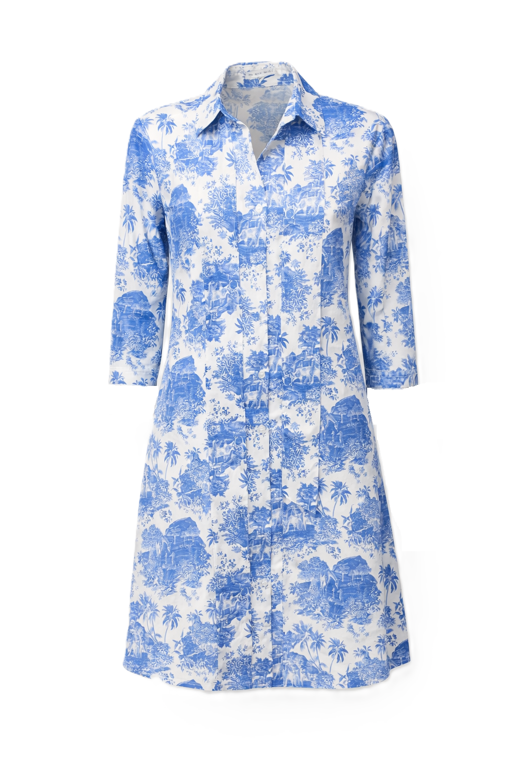 Kleid The White Shirt in blau weißem Print. Dieses Midikleid überzeugt mit einer locker fallenden, nicht figurbetonenden Passform, die der Silhouette schmeichelt und für angenehme Leichtigkeit sorgt. Der offene Hemdkragen und die durchgehende Knopfleiste verleihen dem Design eine moderne Note, während der Halbarm und zwei seitliche Eingriffstaschen sportlich wirken. 