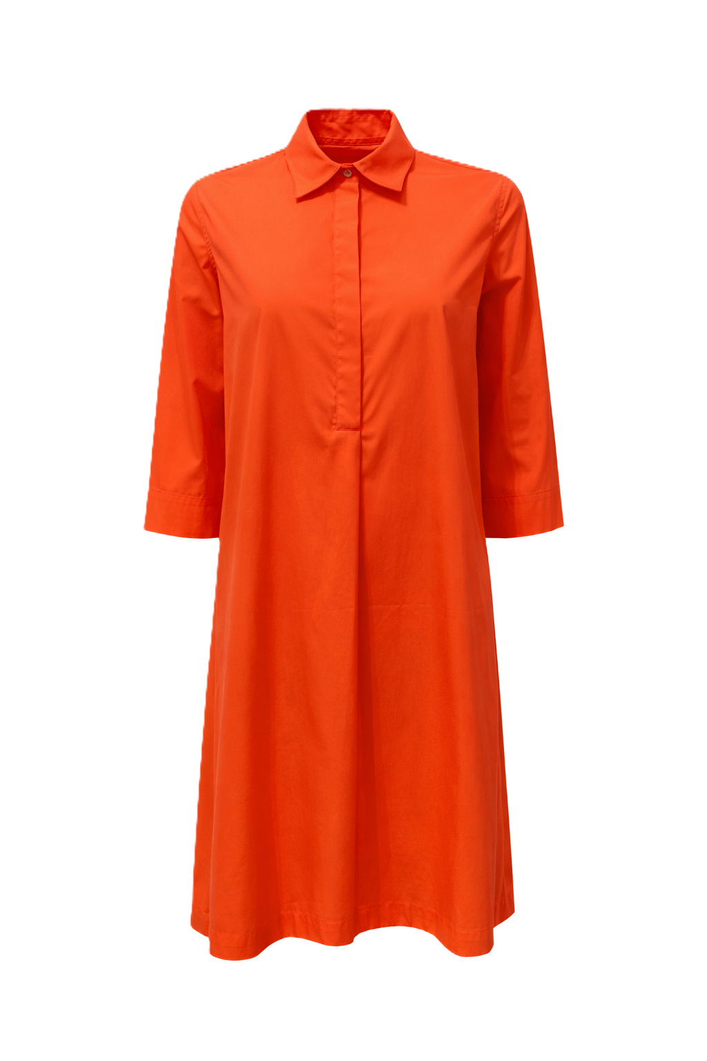 Kleid The White Shirt in orange. Dieses sommerliche Kleid überzeugt mit einem klaren, figurschmeichelnden Schnitt. Der Hemdkragen und die verdeckte Knopfleiste verleihen dem Design eine elegante Note, während der Halbarm und die lockere, nicht figurbetonte Passform für angenehmen Tragekomfort sorgen. 