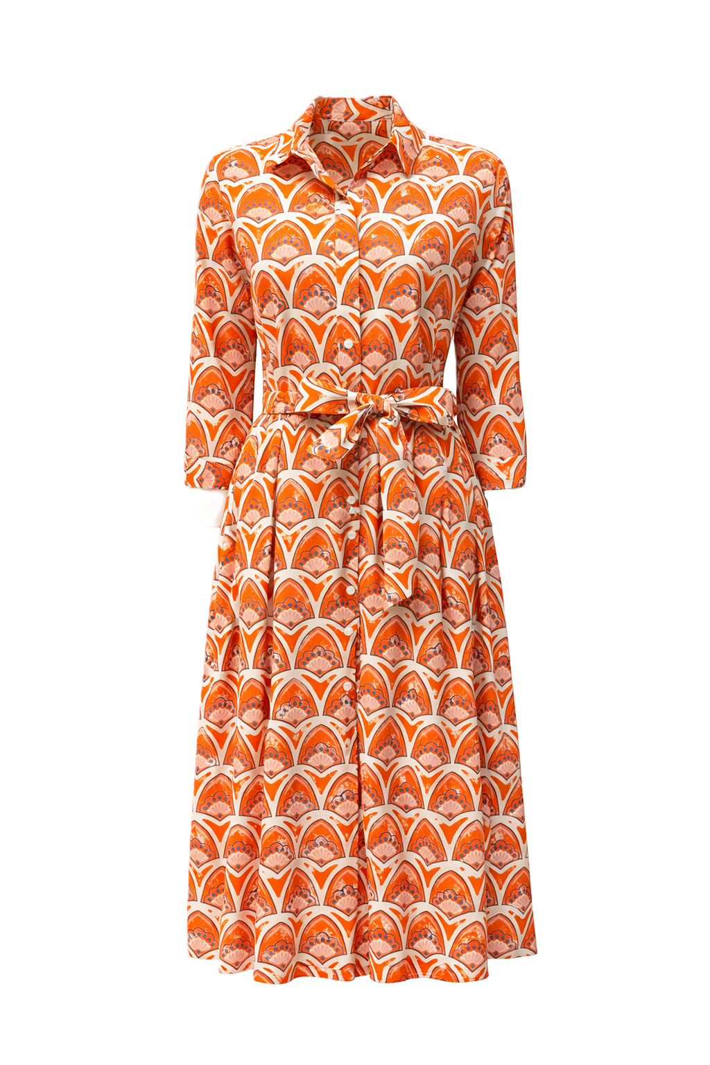 Kleid The White Shirt mit Print. Dieses feminine Hemdblusenkleid verbindet klassische Elemente mit sommerlicher Leichtigkeit. Der Hemdkragen und die durchgehende Knopfleiste verleihen ihm eine zeitlose Ausstrahlung, während das Bindeband die Taille betont, die sich vorne zur Schleife binden lässt. Das florale Muster unterstreicht den sommerlichen Charakter, sie hat eine knielange Silhouette und lange Ärmel.