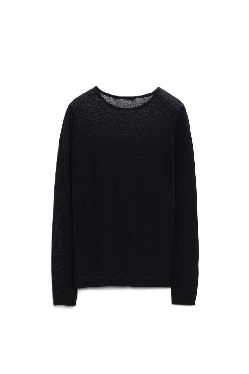 Kaschmir Pullover Dorothee Schumacher Bodycon Luxury O-Neck in pure black. Weicher, leichter Kaschmirstrick mit figurnahem Schnitt. Rundhalsausschnitt. Flatlock-Nahtdetails an Halsausschnitt, Saum und Ärmelbündchen.