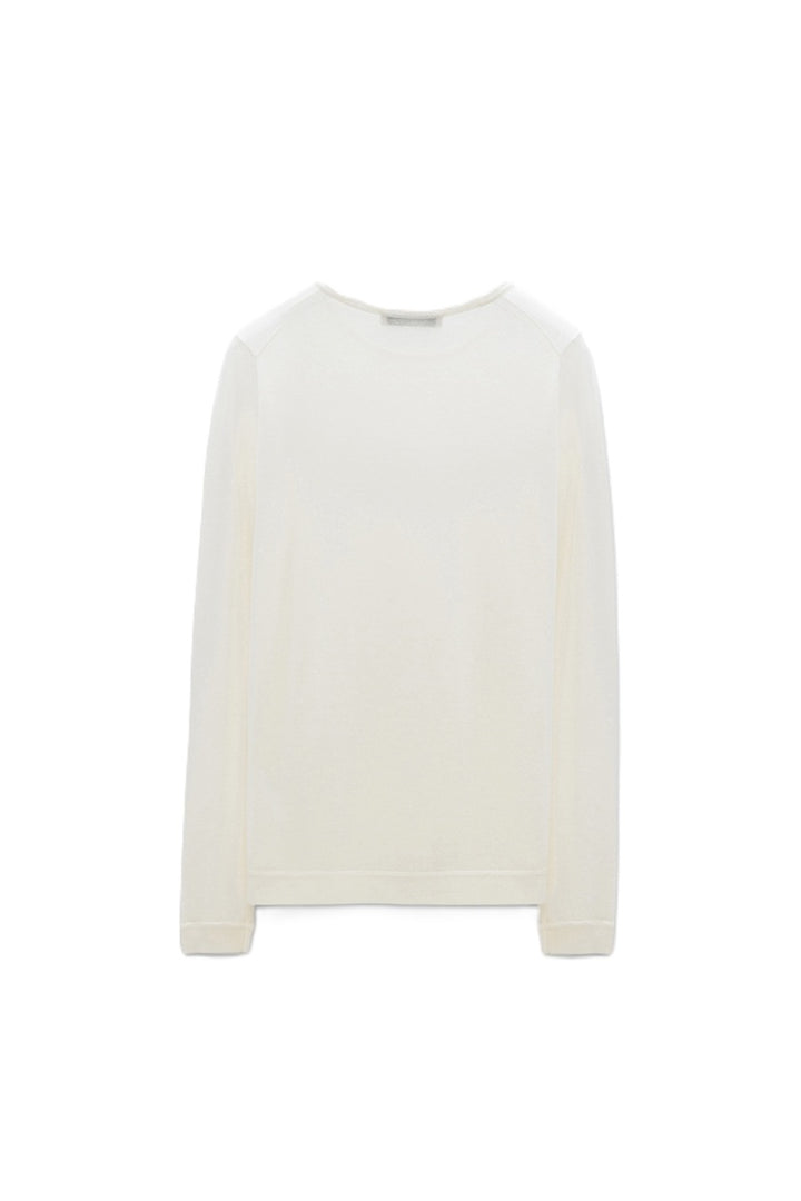 Kaschmir Pullover Dorothee Schumacher Bodycon Luxury O-Neck camellia white. Weicher, leichter Kaschmirstrick mit figurnahem Schnitt. Rundhalsausschnitt. Flatlock-Nahtdetails an Halsausschnitt, Saum und Ärmelbündchen.