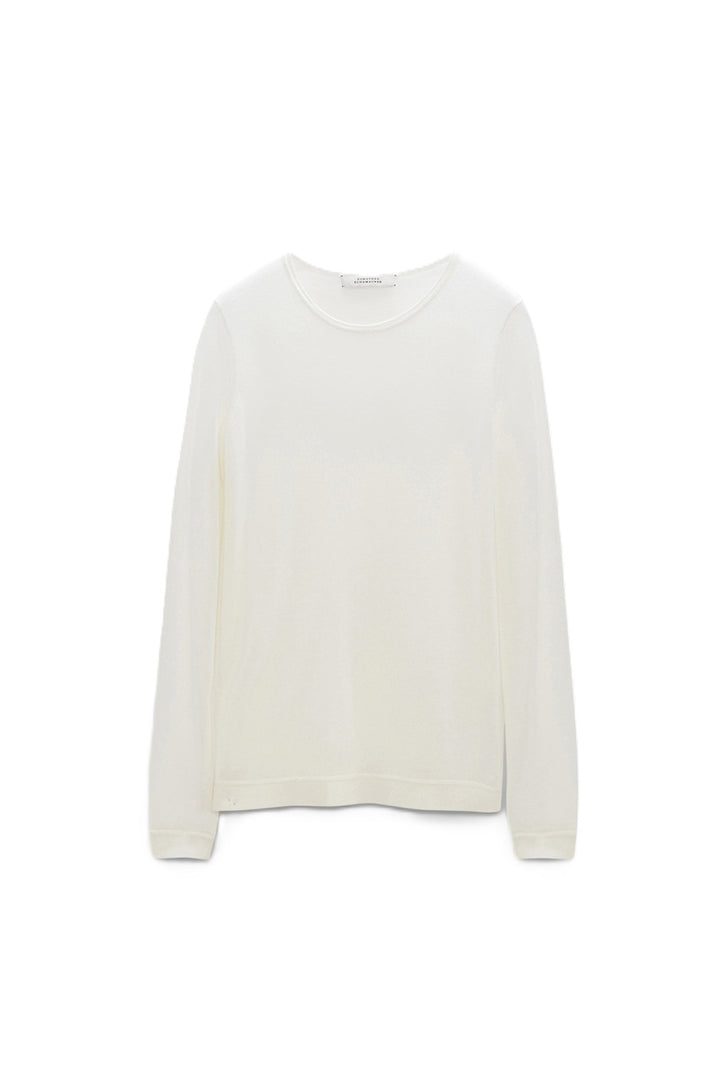 Kaschmir Pullover Dorothee Schumacher Bodycon Luxury O-Neck camellia white. Weicher, leichter Kaschmirstrick mit figurnahem Schnitt. Rundhalsausschnitt. Flatlock-Nahtdetails an Halsausschnitt, Saum und Ärmelbündchen.