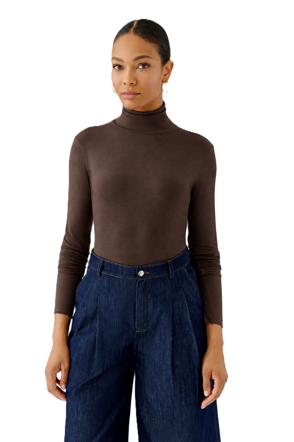 Rollkragenshirt Oui in Braun. Extra feiner, superweicher Modal-Jersey mit elastischer, figurbetonter Passform. Rollkragen mit offener Schnittkante und Mittelnaht am Rücken. Lässig abgekettelte Ärmel- und Saumabschlüsse.