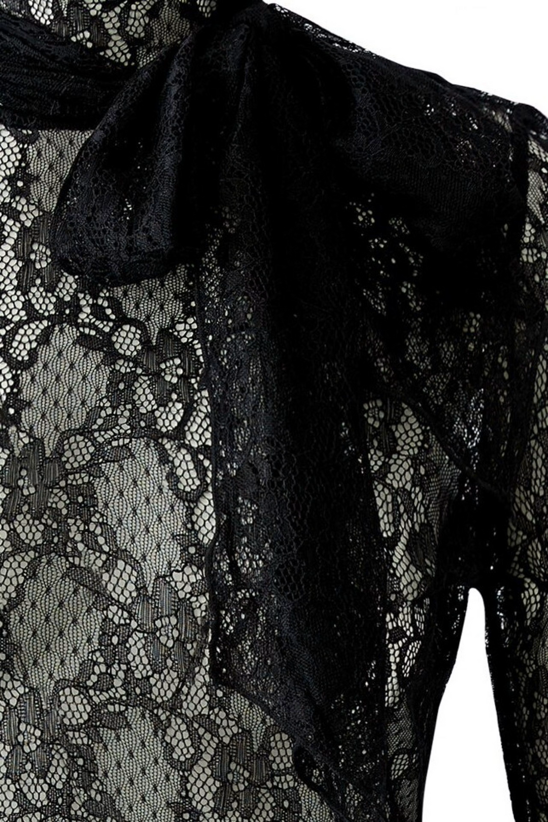 Langarmshirt Oui in Schwarz. Transparente, elastische Spitze mit schmaler Passform. Stehkragen mit Schlitz und Knopf hinten. Abnehmbare, doppellagige Schluppe und schmale Langärmel. Fein abgekettelte Abschlüsse.
