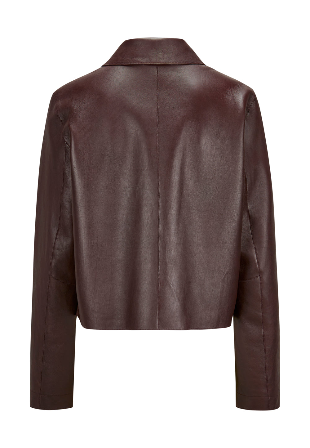 Bordeauxrote Lederjacke von Milestone, mit Hemdkragen und Knopfverschluss.