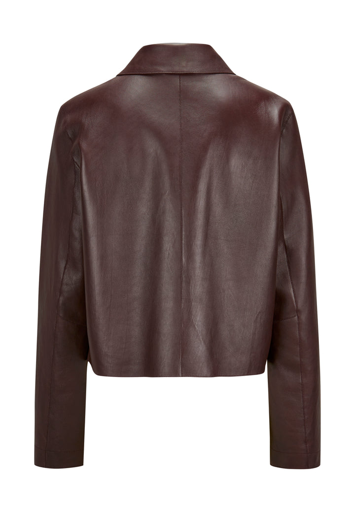 Bordeauxrote Lederjacke von Milestone, mit Hemdkragen und Knopfverschluss.